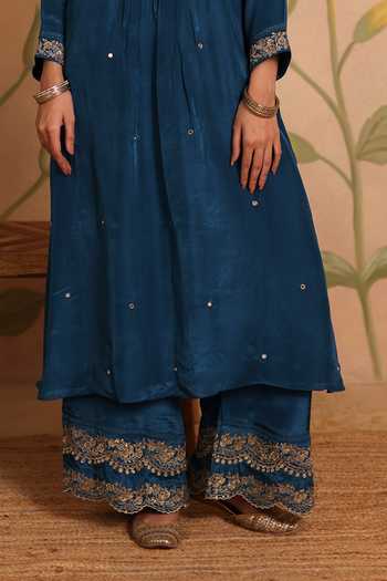 Buy_Pouli Pret_Blue Silk, Organza, Cotton, Voile Embroidery, Sequins, Zohra Zardozi Kurta Set _Online_at_Aza_Fashions