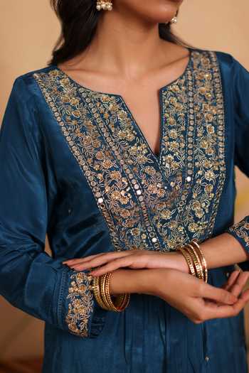 Shop_Pouli Pret_Blue Silk, Organza, Cotton, Voile Embroidery, Sequins, Zohra Zardozi Kurta Set _Online_at_Aza_Fashions