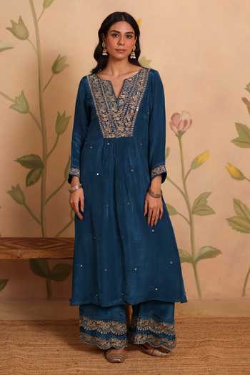 Buy_Pouli Pret_Blue Silk, Organza, Cotton, Voile Embroidery, Sequins, Zohra Zardozi Kurta Set 