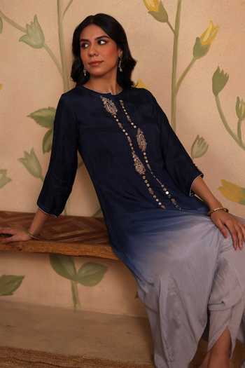 Shop_Pouli Pret_Blue Silk, Cotton, Muslin, Voile Embroidery, Zari Naaz Kurta And Dhoti Pant Set _Online_at_Aza_Fashions