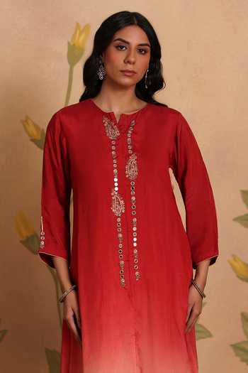 Pouli Pret_Red Silk, Cotton, Muslin Zari, Zardozi Naaz Embroidered Kurta And Dhoti Pant Set _Online_at_Aza_Fashions