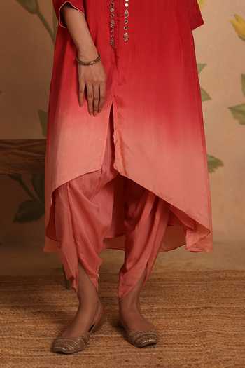Buy_Pouli Pret_Red Silk, Cotton, Muslin Zari, Zardozi Naaz Embroidered Kurta And Dhoti Pant Set _Online_at_Aza_Fashions