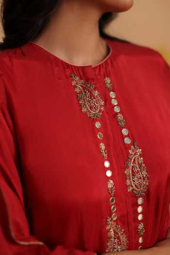 Shop_Pouli Pret_Red Silk, Cotton, Muslin Zari, Zardozi Naaz Embroidered Kurta And Dhoti Pant Set _Online_at_Aza_Fashions
