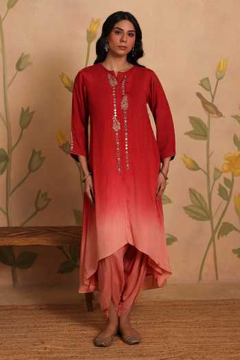 Pouli Pret_Red Silk, Cotton, Muslin Zari, Zardozi Naaz Embroidered Kurta And Dhoti Pant Set _at_Aza_Fashions