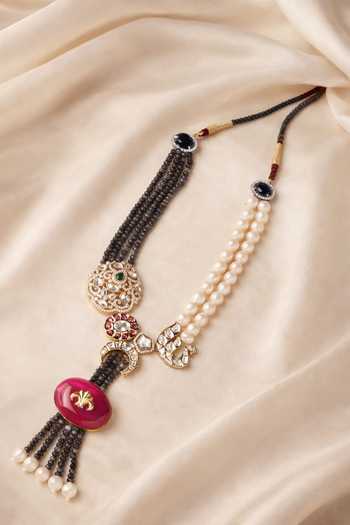 Xago_Pink Beads, Pearls, Stones Kundan Polki Moissanite Pendant Necklace _Online_at_Aza_Fashions