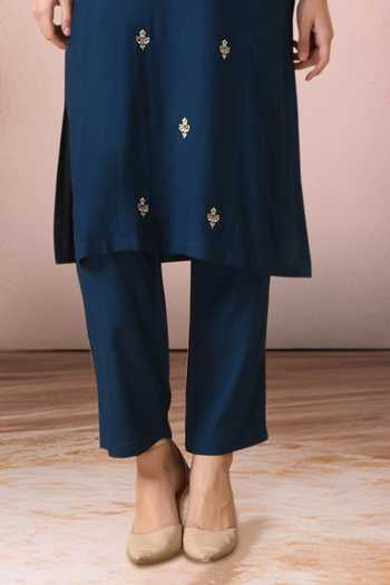 Buy_Jhambthreads_Blue Cotton, Rayon Embroidery Mandarin Collar Kurta And Pant Set _Online_at_Aza_Fashions