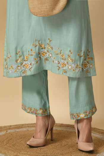 Buy_Jhambthreads_Green Cotton, Rayon Embroidery Round Neck Yoke Straight Kurta And Pant Set _Online_at_Aza_Fashions