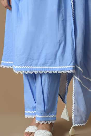 Jhambthreads_Blue Cotton, Organza Embroidery, Tassels V-neck Yoke Kurta Set _Online_at_Aza_Fashions