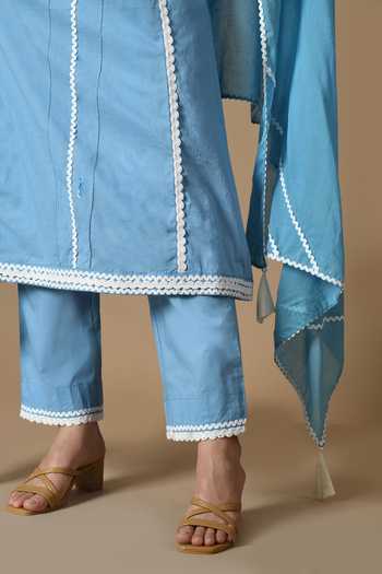 Buy_Jhambthreads_Blue Cotton, Organza Embroidery Round Neck, Yes Placed Kurta Set _Online_at_Aza_Fashions