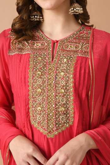 Buy_Jhambthreads_Red Organza, Chanderi Embroidery, Zari Round Neck Straight Kurta Set _Online_at_Aza_Fashions