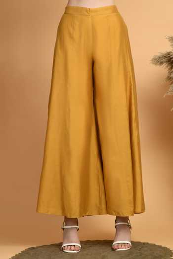 Jhambthreads_Yellow Chanderi Embroidery Mandarin Collar Top And Palazzo Set _Online_at_Aza_Fashions