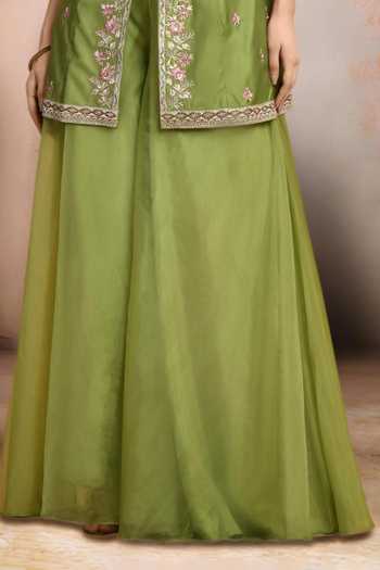Jhambthreads_Green Chanderi Embroidery Round Neck Kurta And Palazzo Set _Online_at_Aza_Fashions
