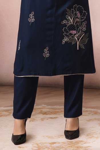 Jhambthreads_Blue Cotton, Rayon Embroidery V-neck Straight Kurta And Pant Set _Online_at_Aza_Fashions