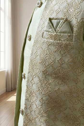 Jhambthreads Green Jacquard Nehru Jacket Kurta Set Online at Aza Fashions Jhambthreads_Green Jacquard Nehru Jacket Kurta Set _Online_at_Aza_Fashions