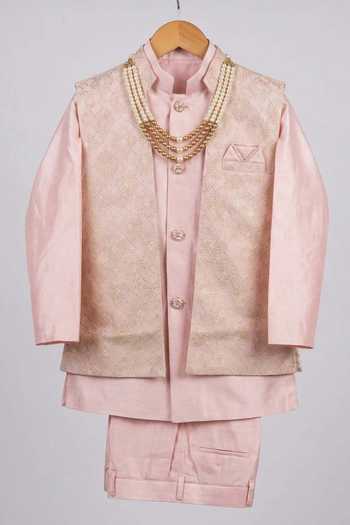 Jhambthreads_Pink Jacquard Zari Pattern Nehru Jacket Kurta Set _Online_at_Aza_Fashions