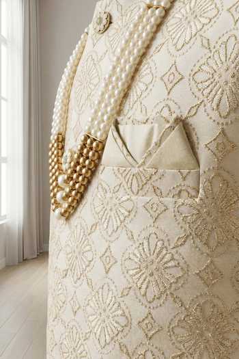 Jhambthreads_Off White Jacquard Kurta Set _Online_at_Aza_Fashions
