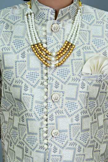 Jhambthreads_Gray Jacquard Sherwani And Pant Set _Online_at_Aza_Fashions