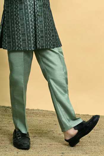 Jhambthreads_Green Jacquard Sherwani And Pant Set _Online_at_Aza_Fashions