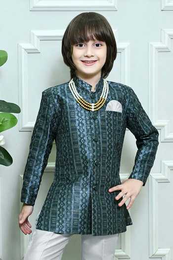 Buy_Jhambthreads_Green Jacquard Sherwani Jacket And Pant Set _Online_at_Aza_Fashions