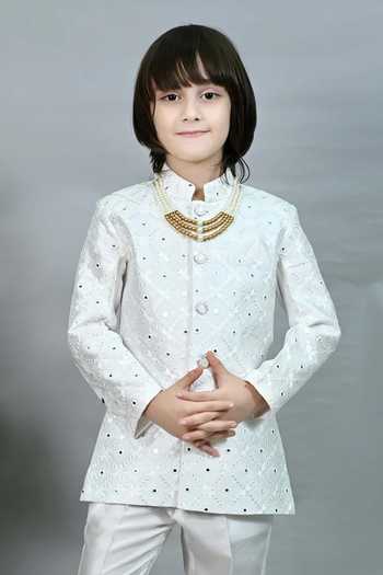 Jhambthreads_White Jacquard Cut Work Sherwani And Pant Set _Online_at_Aza_Fashions