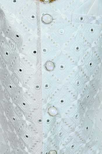 Buy_Jhambthreads_White Jacquard Cut Work Sherwani And Pant Set _Online_at_Aza_Fashions