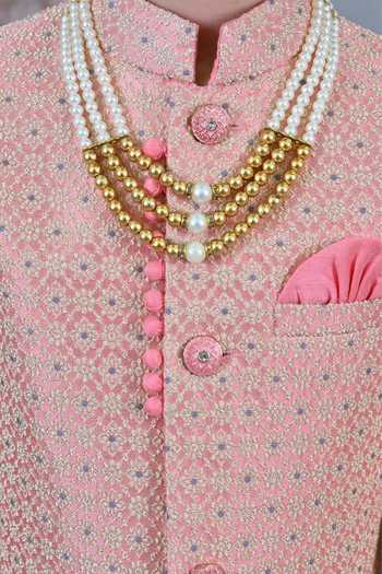 Buy_Jhambthreads_Pink Jacquard Sherwani Jacket And Pant Set _Online_at_Aza_Fashions