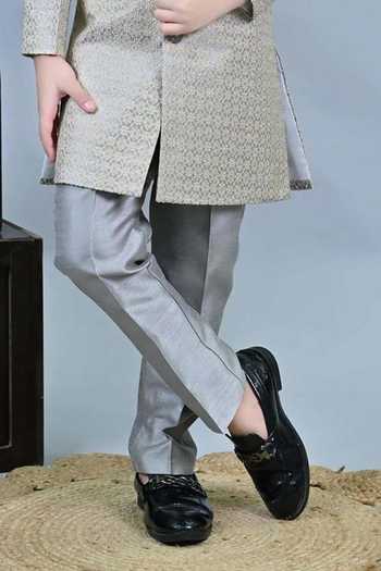 Jhambthreads_Grey Jacquard Sherwani And Pant Set _Online_at_Aza_Fashions
