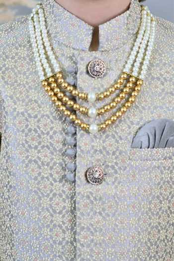 Buy_Jhambthreads_Grey Jacquard Sherwani And Pant Set _Online_at_Aza_Fashions