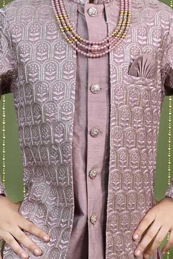 Jhambthreads_Purple Jacquard Jacket Kurta Set _Online_at_Aza_Fashions