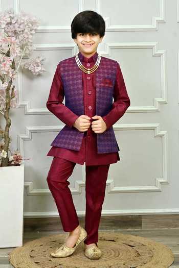 Jhambthreads Jacquard Sleeveless Jacket Kurta Set 