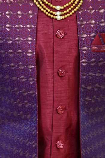 Jhambthreads_Maroon Jacquard Sleeveless Jacket Kurta Set _Online_at_Aza_Fashions