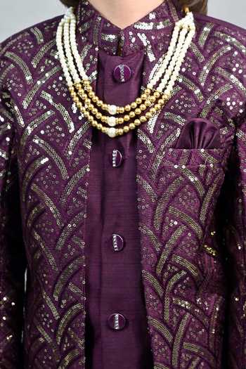Jhambthreads_Purple Silk Sequins Geometric Pattern Blend Kurta Set _Online_at_Aza_Fashions