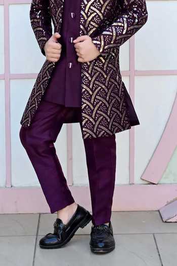 Buy_Jhambthreads_Purple Silk Sequins Geometric Pattern Blend Kurta Set _Online_at_Aza_Fashions