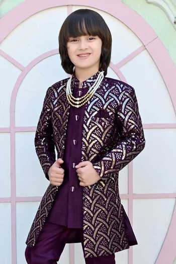 Shop_Jhambthreads_Purple Silk Sequins Geometric Pattern Blend Kurta Set _Online_at_Aza_Fashions