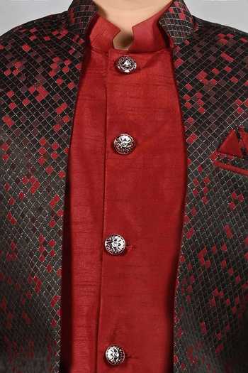 Shop Jhambthreads Red Silk Abstract Pattern Jacket Kurta Set Online at Aza Fashions Shop_Jhambthreads_Red Silk Abstract Pattern Jacket Kurta Set _Online_at_Aza_Fashions