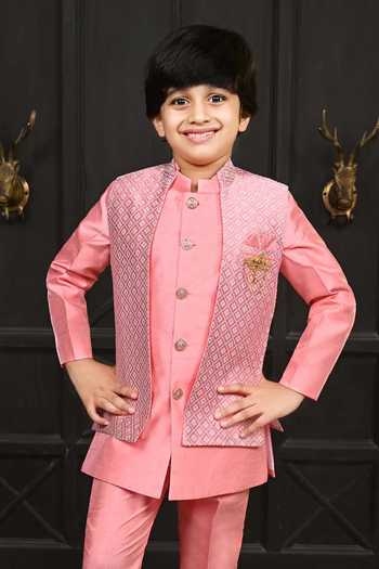 Buy Jhambthreads Pink Silk Geometric Pattern Jacket Kurta Set Online at Aza Fashions Buy_Jhambthreads_Pink Silk Geometric Pattern Jacket Kurta Set _Online_at_Aza_Fashions