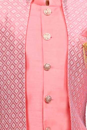 Shop Jhambthreads Pink Silk Geometric Pattern Jacket Kurta Set Online at Aza Fashions Shop_Jhambthreads_Pink Silk Geometric Pattern Jacket Kurta Set _Online_at_Aza_Fashions