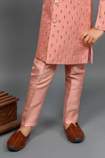 Jhambthreads_Pink Silk Tear Drop Motif Sherwani Jacket And Pant Set _Online_at_Aza_Fashions