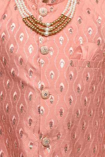 Buy_Jhambthreads_Pink Silk Tear Drop Motif Sherwani Jacket And Pant Set _Online_at_Aza_Fashions