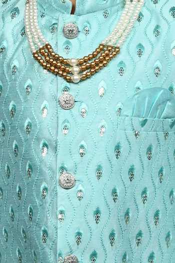 Jhambthreads_Blue Silk Motif Pattern Sherwani And Pant Set _Online_at_Aza_Fashions