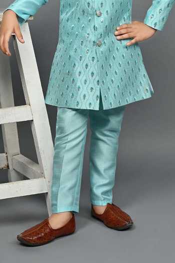 Buy_Jhambthreads_Blue Silk Motif Pattern Sherwani And Pant Set _Online_at_Aza_Fashions