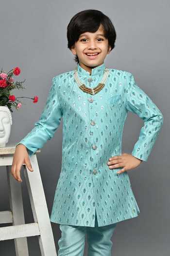 Shop_Jhambthreads_Blue Silk Motif Pattern Sherwani And Pant Set _Online_at_Aza_Fashions