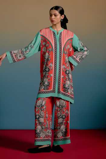 Shetab Kazmi_Multi Color Cotton Mandarin Collar Printed Kurta And Pant Set _Online_at_Aza_Fashions