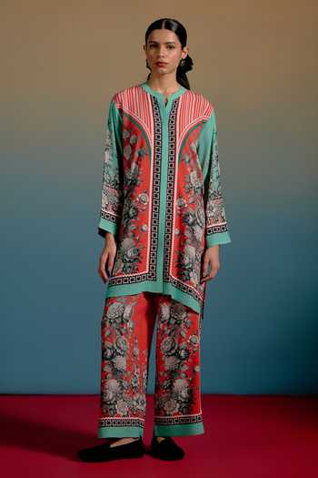 Buy_Shetab Kazmi_Multi Color Cotton Mandarin Collar Printed Kurta And Pant Set _Online_at_Aza_Fashions