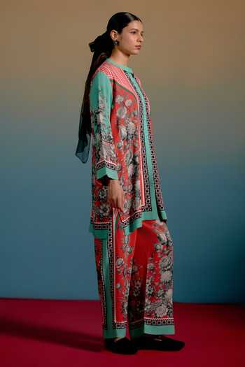 Shop_Shetab Kazmi_Multi Color Cotton Mandarin Collar Printed Kurta And Pant Set _Online_at_Aza_Fashions
