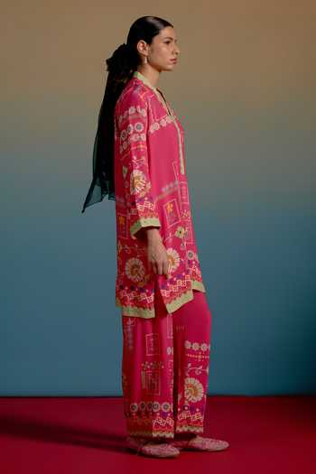 Shop_Shetab Kazmi_Pink Cotton V-neck Bela Print Kurta And Pant Set _Online_at_Aza_Fashions
