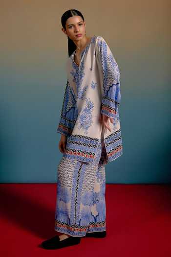 Shetab Kazmi_Blue Cotton Split V-neck Dove Printed Kurta And Pant Set _Online_at_Aza_Fashions