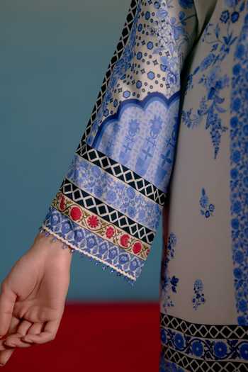 Buy_Shetab Kazmi_Blue Cotton Split V-neck Dove Printed Kurta And Pant Set _Online_at_Aza_Fashions