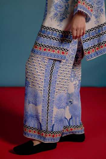 Shop_Shetab Kazmi_Blue Cotton Split V-neck Dove Printed Kurta And Pant Set _Online_at_Aza_Fashions