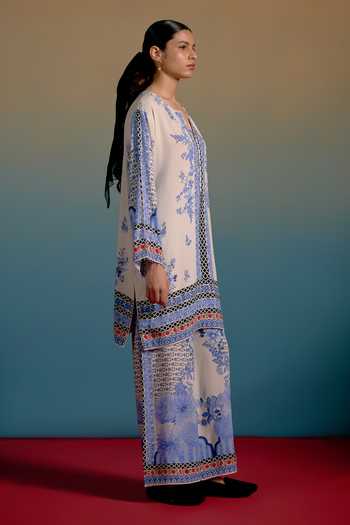 Shetab Kazmi_Blue Cotton Split V-neck Dove Printed Kurta And Pant Set _at_Aza_Fashions